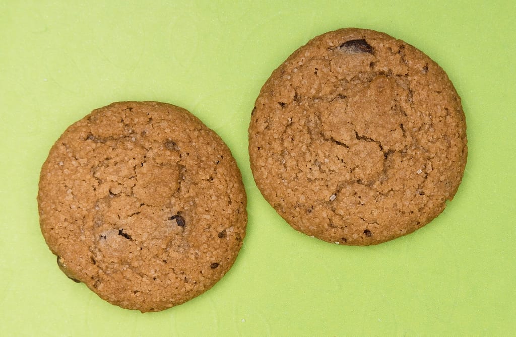 gluten free weed cookies sitting on a green surface. The two cookies sit next to one another. 